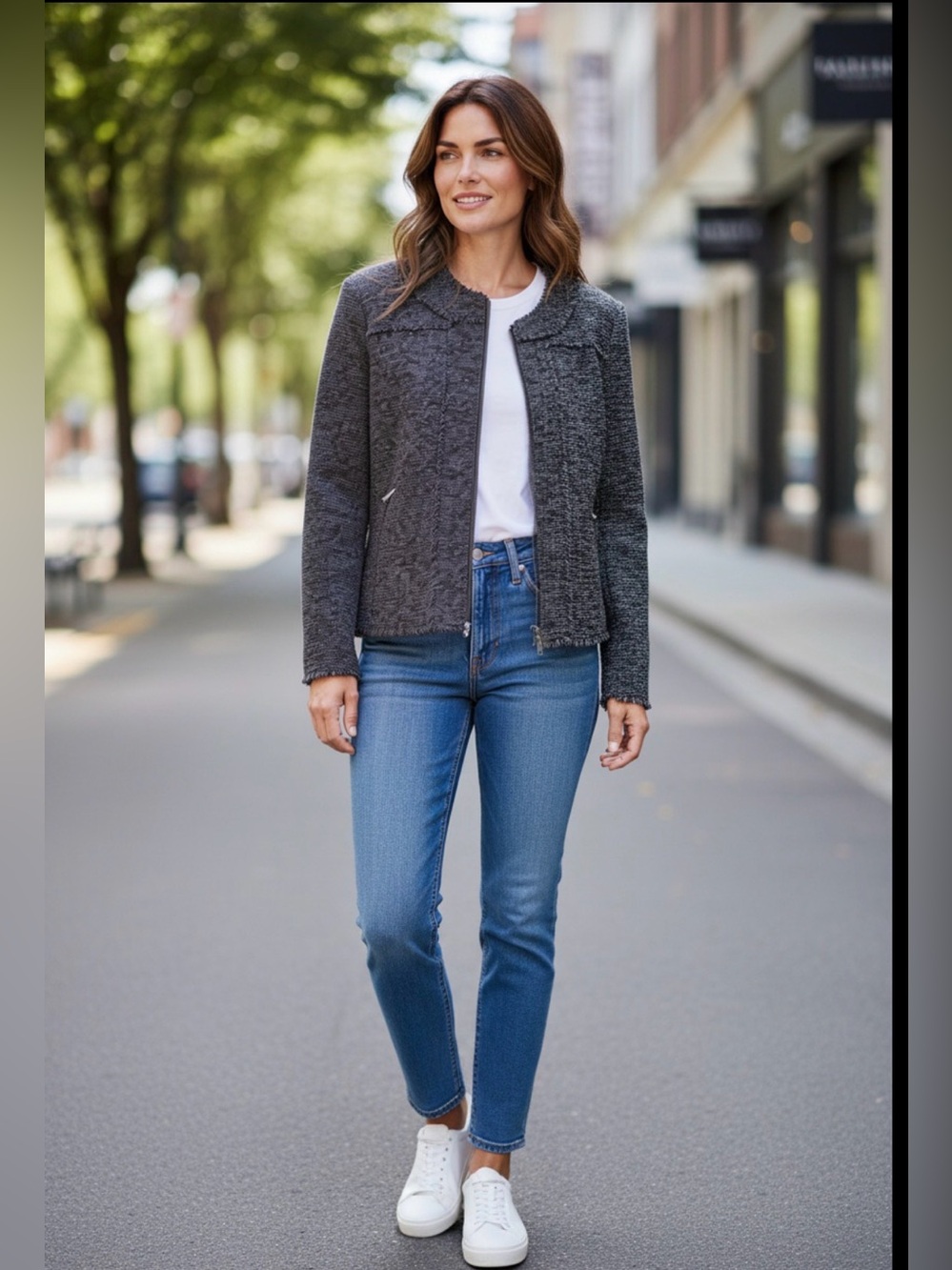Banana Republic Women’s  8 Wool Blend Full‎ Zip Blazer Black Gray Fringe Lined